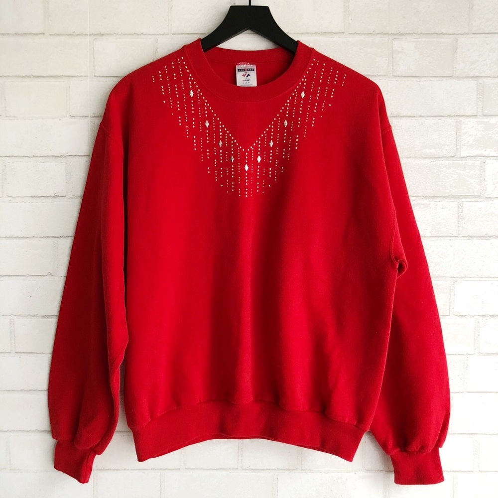 Vintage Crew Neck Bedazzled Christmas Sweater Red